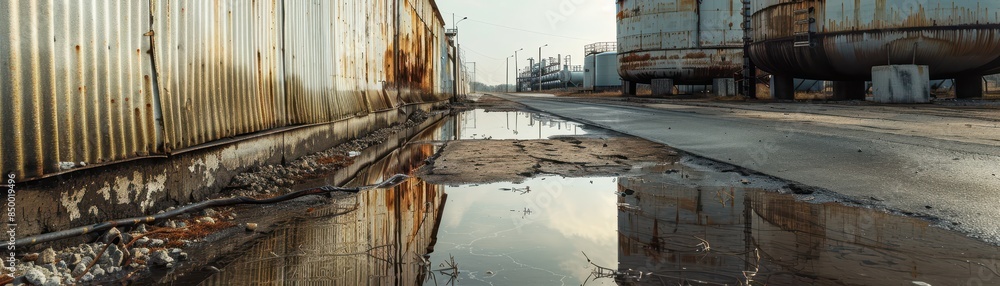 A large industrial oil tank stands tall next to a puddle on the ground A large industrial oil tank stands tall next to a puddle on the ground