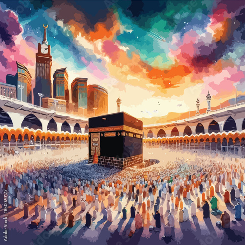 Kaaba in Masjid Al Haram in Mecca Saudi Arabia watercolor