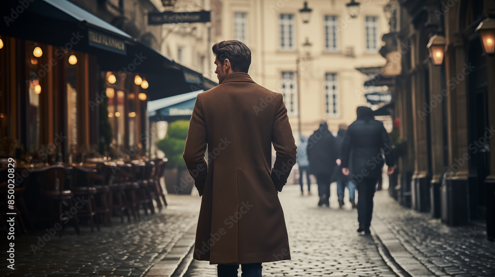 Classic Trench Coat: Man Strolling Historic European Streets Classic Trench Coat: Man Strolling Historic European Streets