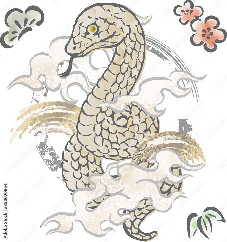 Obraz premium 2025年賀状 年賀 2025 巳年 巳 蛇 へび 水墨画 浮世絵 日本画 手描き イラスト素材