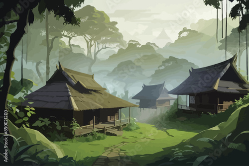 A mysterious ancient village hidden deep jungle illustration