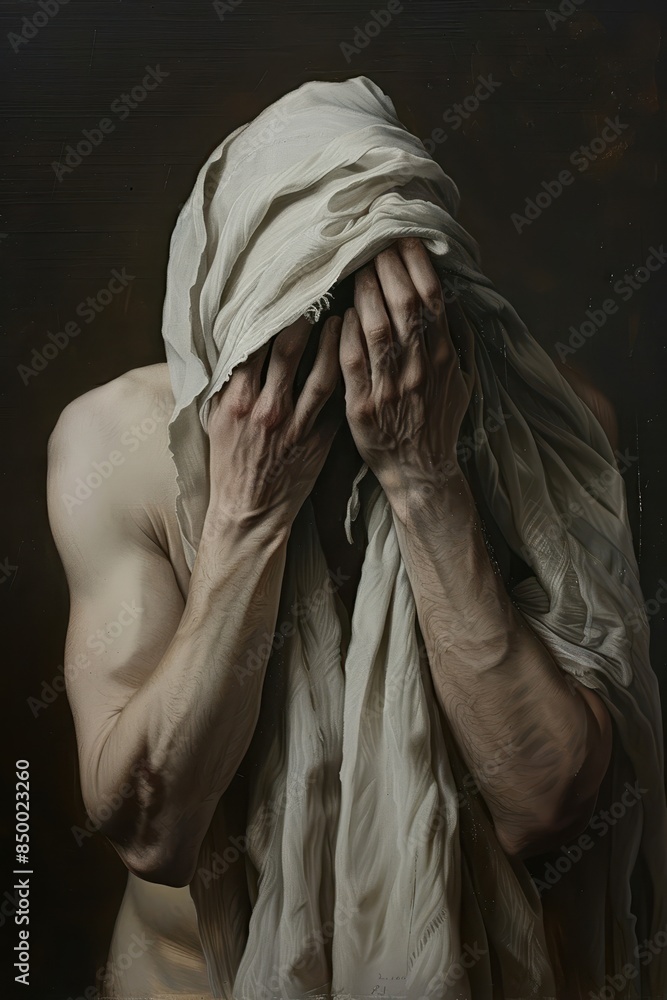 a man hides his face with a cloth a man hides his face with a cloth