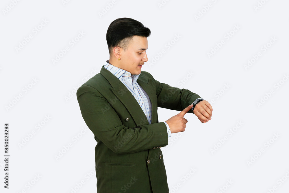 A Business man in formal attire giving gestures and expressions with device happy confident A Business man in formal attire giving gestures and expressions with device happy confident