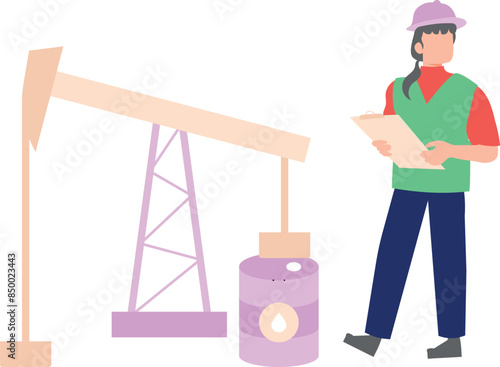 A female worker is working at an oil mining site.