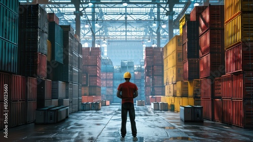 A man in a hard hat stands confidently amidst stacks of cargo in a warehouse © JH45