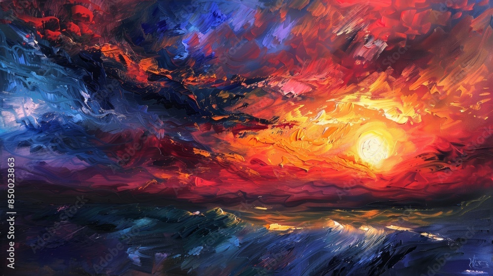 Intense red and blue sunset with clouds, offering a dramatic and atmospheric mood in a modern painting.
Intense red and blue sunset with clouds, offering a dramatic and atmospheric mood in a modern painting.