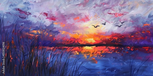 Vibrant lakeside sunset painting, capturing the tranquil moment with birds in flight and rich, vivid reflections.   © Kishore Newton