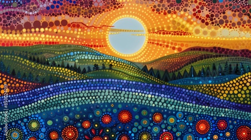 Surreal sunrise over a vibrant landscape dotted with colorful spheres, merging abstract forms with vivid hues.

