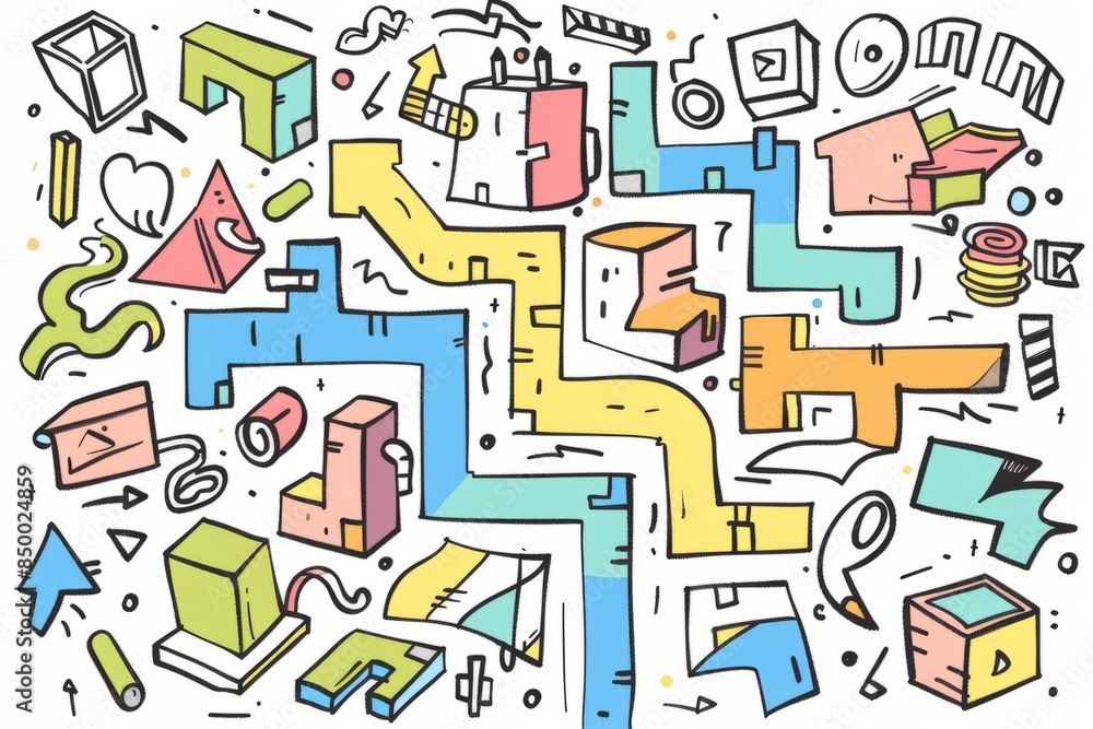 Cartoon cute doodles of a maze where each corner is a spiral cube pathway, Generative AI Cartoon cute doodles of a maze where each corner is a spiral cube pathway, Generative AI