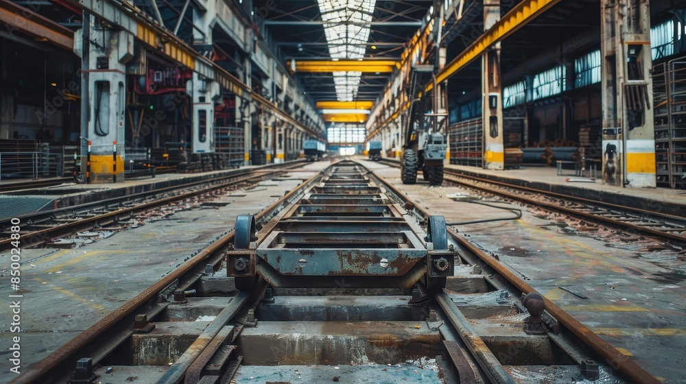a metal cart on a set of railroad tracks inside a large factory a metal cart on a set of railroad tracks inside a large factory
