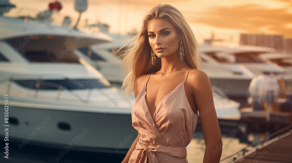 Trendy Summer Dress: Model by Luxury Yacht at Marina Trendy Summer Dress: Model by Luxury Yacht at Marina