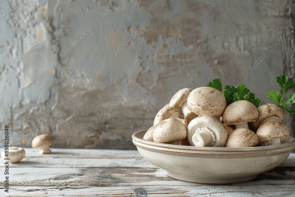 White Button Mushrooms in a Gray Bowl on a Wooden Table White Button Mushrooms in a Gray Bowl on a Wooden Table