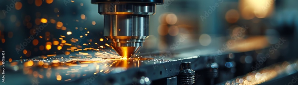 High-Precision CNC Machine in Action with Sparks Flying in a Modern Industrial Manufacturing Facility High-Precision CNC Machine in Action with Sparks Flying in a Modern Industrial Manufacturing Facility