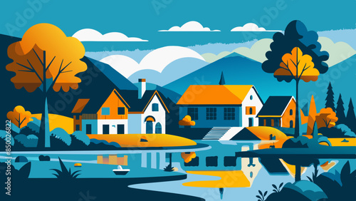 A mesmerizing illustration of a house and tree surrounded by beautiful scenery.
