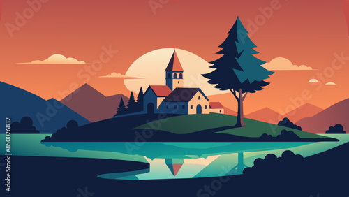 A mesmerizing illustration of a house and tree surrounded by beautiful scenery.