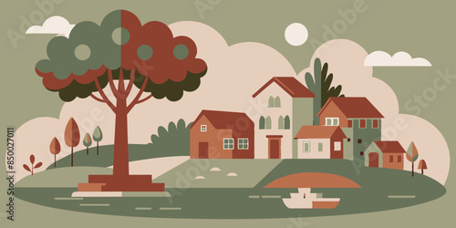 A mesmerizing illustration of a house and tree surrounded by beautiful scenery.