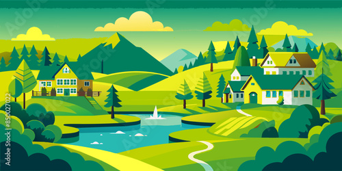 A mesmerizing illustration of a house and tree surrounded by beautiful scenery.