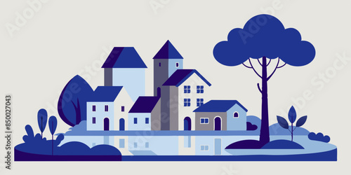 A mesmerizing illustration of a house and tree surrounded by beautiful scenery.