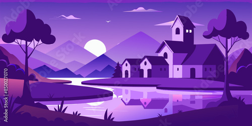 A mesmerizing illustration of a house and tree surrounded by beautiful scenery.