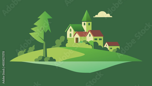 A mesmerizing illustration of a house and tree surrounded by beautiful scenery.