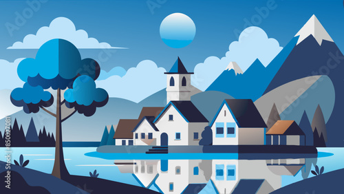 A mesmerizing illustration of a house and tree surrounded by beautiful scenery.