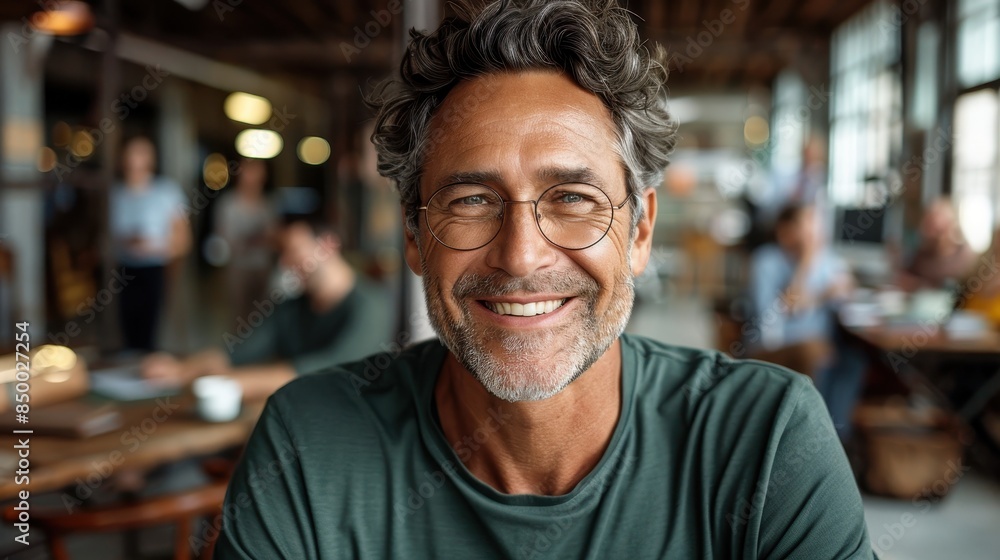 Cheerful mature man with glasses smiling in a cozy cafe environment, enjoying his time surrounded by people and warm lighting. Cheerful mature man with glasses smiling in a cozy cafe environment, enjoying his time surrounded by people and warm lighting.