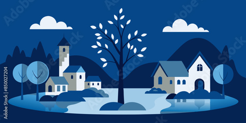 A picturesque setting is formed by a charming cozy house nestled beside a majestic tree.