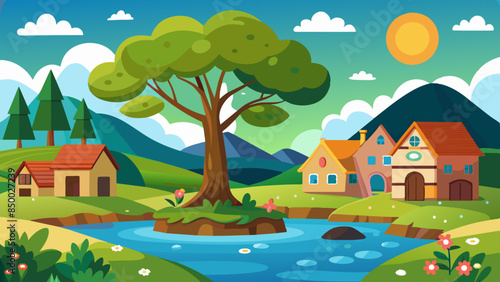 A picturesque setting is formed by a charming cozy house nestled beside a majestic tree.