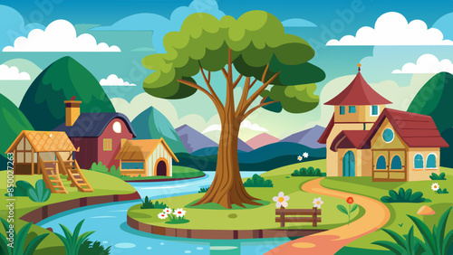 A picturesque setting is formed by a charming cozy house nestled beside a majestic tree.
