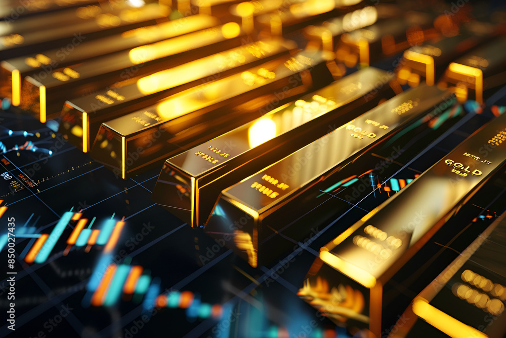 A conceptual image of gold bars overlaid with investment performance ...
