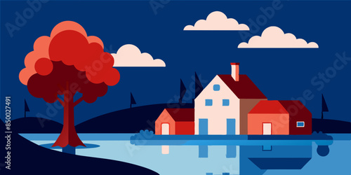 
The scene is transformed into a cozy and picturesque setting by a charming house nestled under a leafy tree.