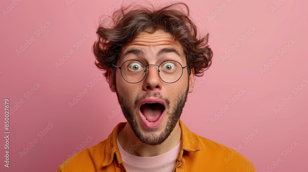 Shocked young man with curly hair and glasses, wearing a mustard shirt, standing against a pink background, expressing surprise. Shocked young man with curly hair and glasses, wearing a mustard shirt, standing against a pink background, expressing surprise.