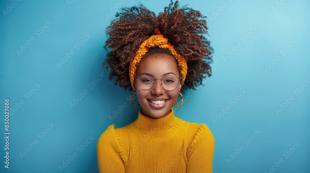 Portrait of a cheerful woman with curly hair and a headband, smiling against a blue background and wearing a yellow sweater. Portrait of a cheerful woman with curly hair and a headband, smiling against a blue background and wearing a yellow sweater.