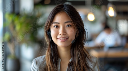 Wallpaper Mural portrait of a beautiful asian young woman customer service employee with microphone and computer headphones smiling looking at camera Torontodigital.ca