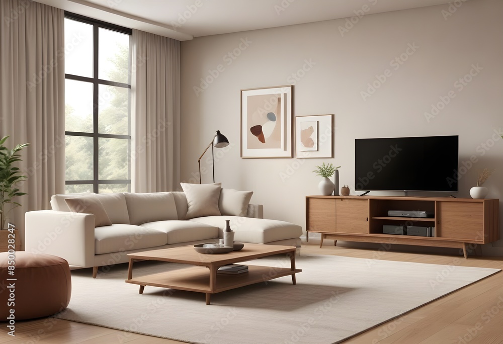 Photorealistic 3D visualization of a modern, cozy living room with a large, plush gray sofa, a sleek TV cabinet in a rich wood tone Photorealistic 3D visualization of a modern, cozy living room with a large, plush gray sofa, a sleek TV cabinet in a rich wood tone