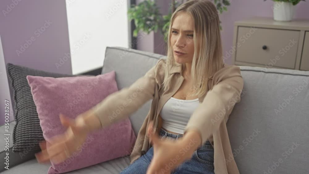 Young blonde woman sitting on sofa angry and mad raising fist frustrated and furious while shouting with anger. rage and aggressive concept. at home Young blonde woman sitting on sofa angry and mad raising fist frustrated and furious while shouting with anger. rage and aggressive concept. at home