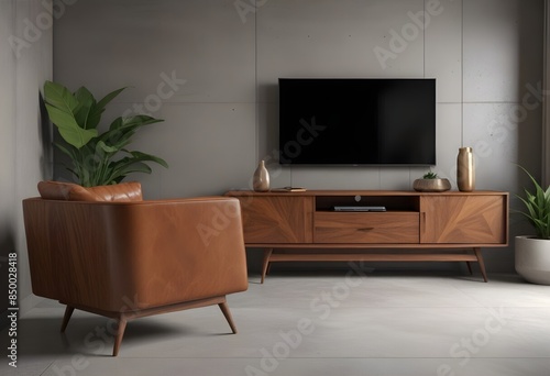 Photorealistic 3D visualization of a modern, cozy living room with a large, plush gray sofa, a sleek TV cabinet in a rich wood tone