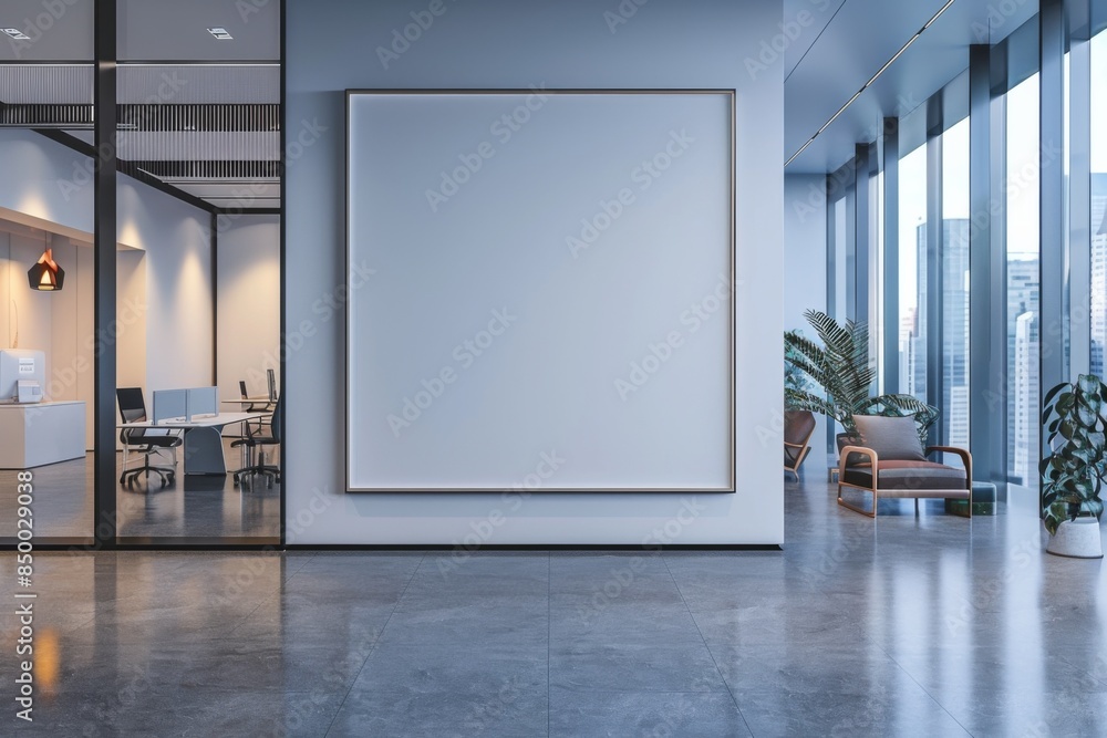 Mockup of blank wall with poster in office room created with Generative AI Mockup of blank wall with poster in office room created with Generative AI