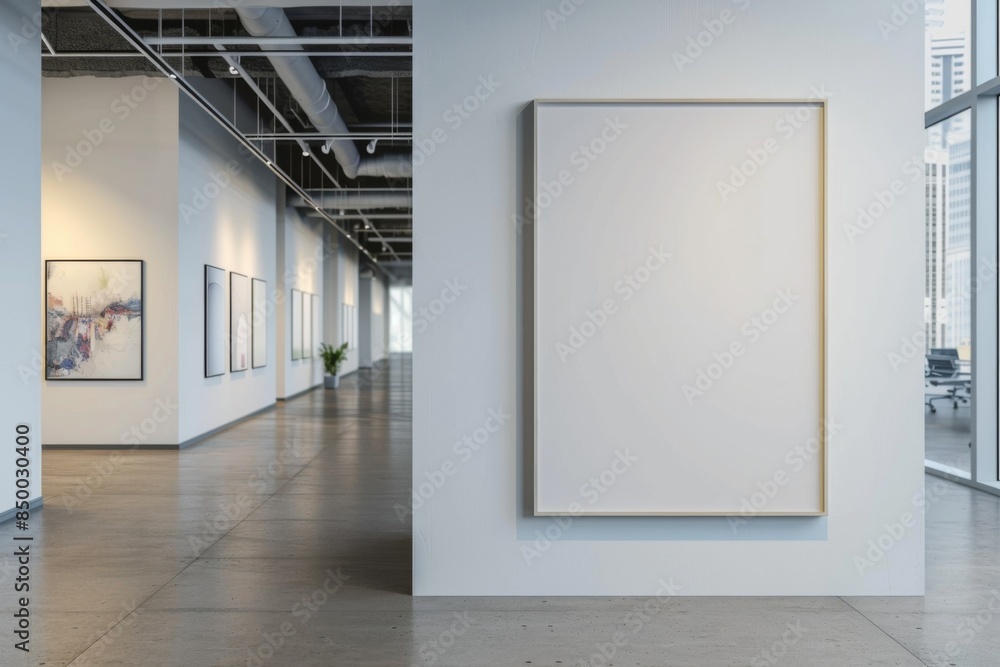 Mockup of blank wall with poster in office room created with Generative AI Mockup of blank wall with poster in office room created with Generative AI