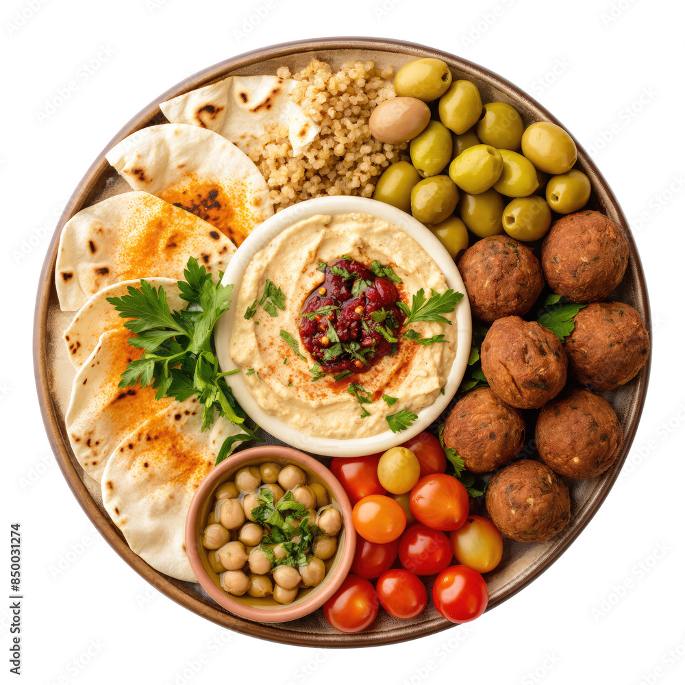 Plate of Mezze with Hummus Falafels and Pita Bead top view isolated on transparent white background, clipping path Plate of Mezze with Hummus Falafels and Pita Bead top view isolated on transparent white background, clipping path