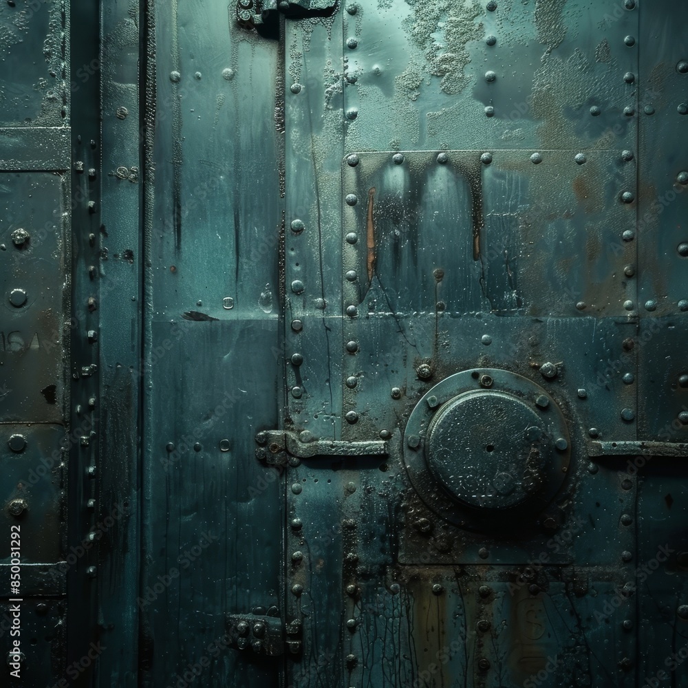 Close shot of a submarine door, metallic surface with detailed engravings, soft light, mysterious underwater feel Close shot of a submarine door, metallic surface with detailed engravings, soft light, mysterious underwater feel