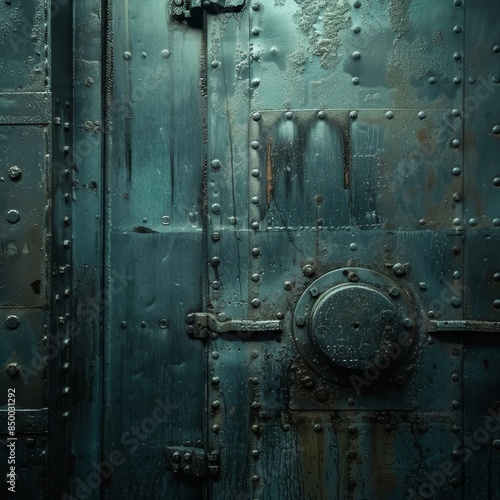 Close shot of a submarine door, metallic surface with detailed engravings, soft light, mysterious underwater feel