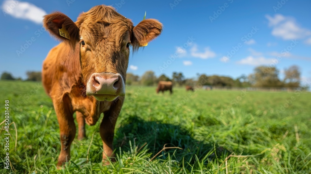 Closeup of a majestic hairy brown bull, grazing in a lush green field, with a clear blue sky Closeup of a majestic hairy brown bull, grazing in a lush green field, with a clear blue sky