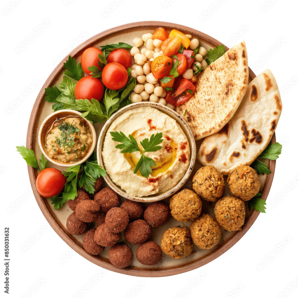 Plate of Mezze with Hummus Falafels and Pita Bead top view isolated on transparent white background, clipping path Plate of Mezze with Hummus Falafels and Pita Bead top view isolated on transparent white background, clipping path