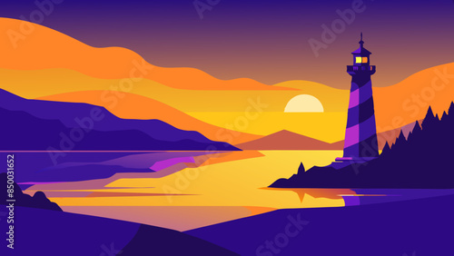 Lighthouse on the shore of a reservoir concept