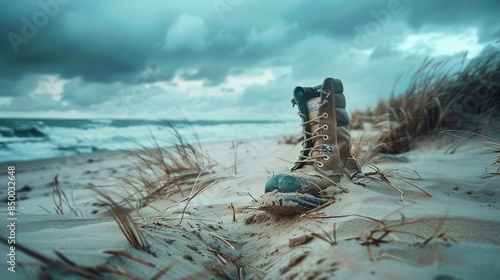 Deserted boot entangled in sand dunes, dramatic ocean waves in backdrop, raw capture photo