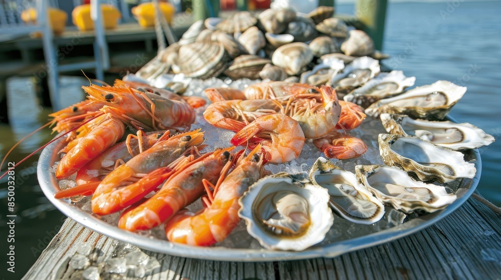A plate of shrimp and other seafood is displayed on a table. The table is set up for a meal, with chairs around it. The scene has a casual and inviting atmosphere A plate of shrimp and other seafood is displayed on a table. The table is set up for a meal, with chairs around it. The scene has a casual and inviting atmosphere