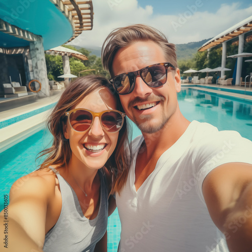 Happy tourist couple taking selfie picture in luxury hotel resort scenic destination place during holiday vacation and outdoor leisure activity together. Travel people lifestyle photo