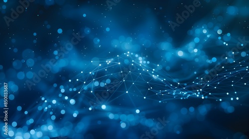 A blue background with a lot of dots and lines. The dots and lines are connected to each other in a way that they form a pattern. The image has a futuristic and technological feel to it. AI generated.