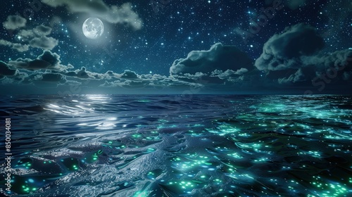 A mystical seascape featuring bioluminescent algae under a starry sky, with the moon illuminating the scene and enhancing the natural glow of the water.